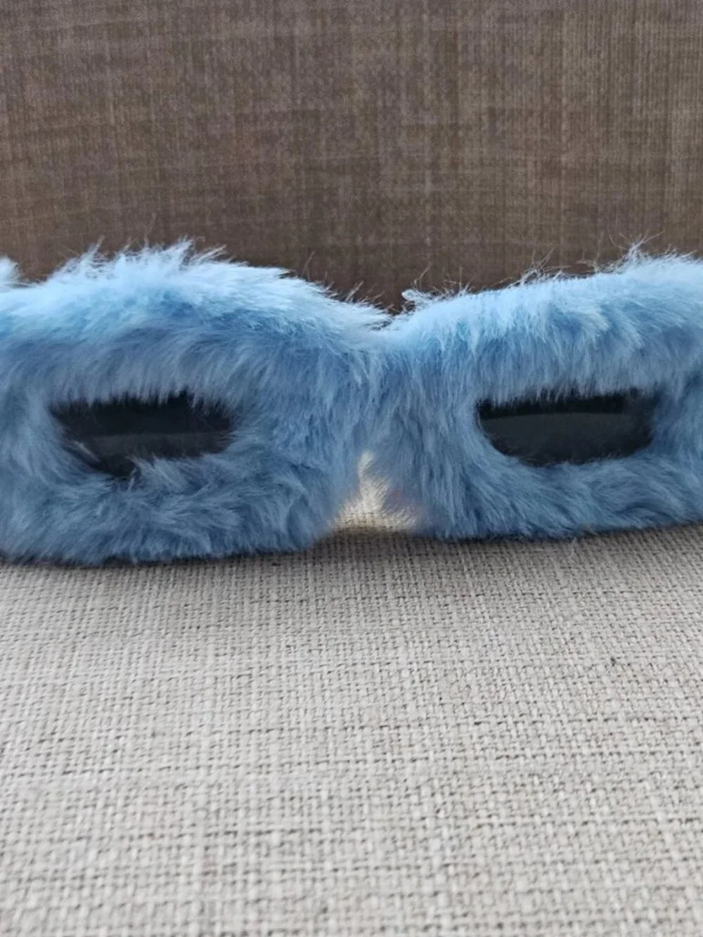 Women Sunglasses Blue Fuzzy Faux Furry Plush Gold Tone Temple Funky Eyewear